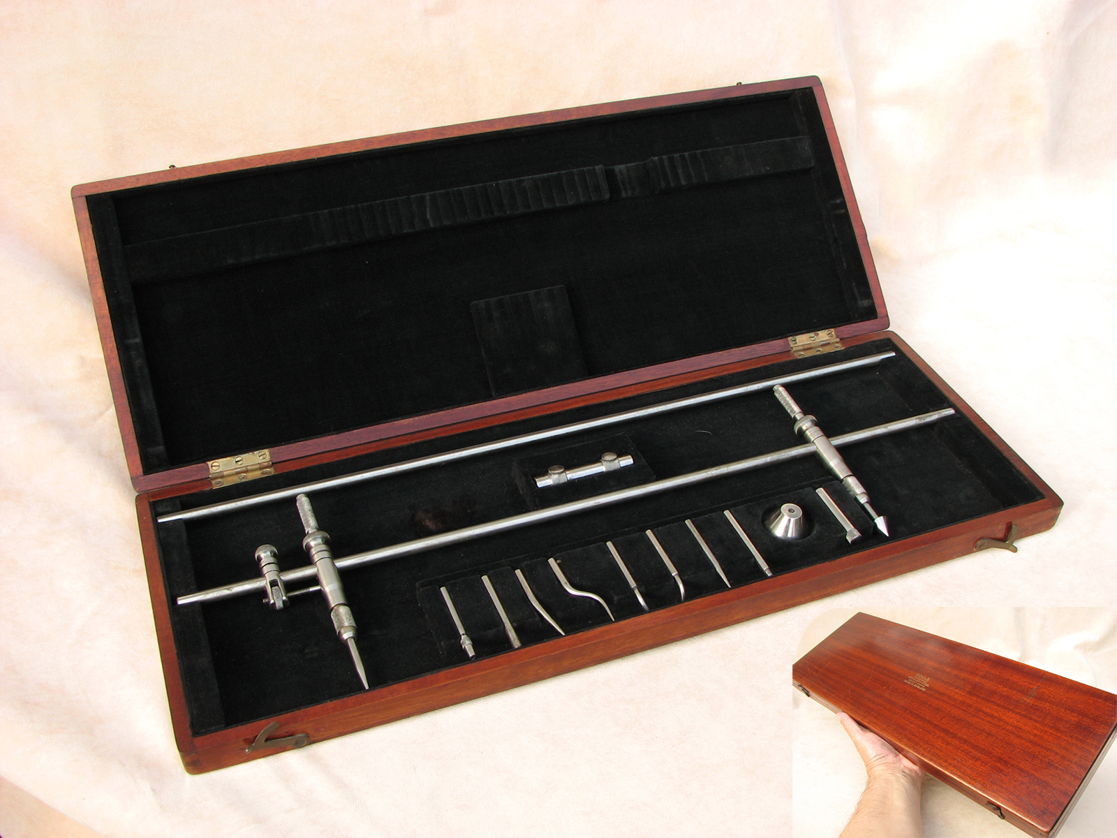 Vintage ROLLS Engineers Beam compass with trammel points in fitted case